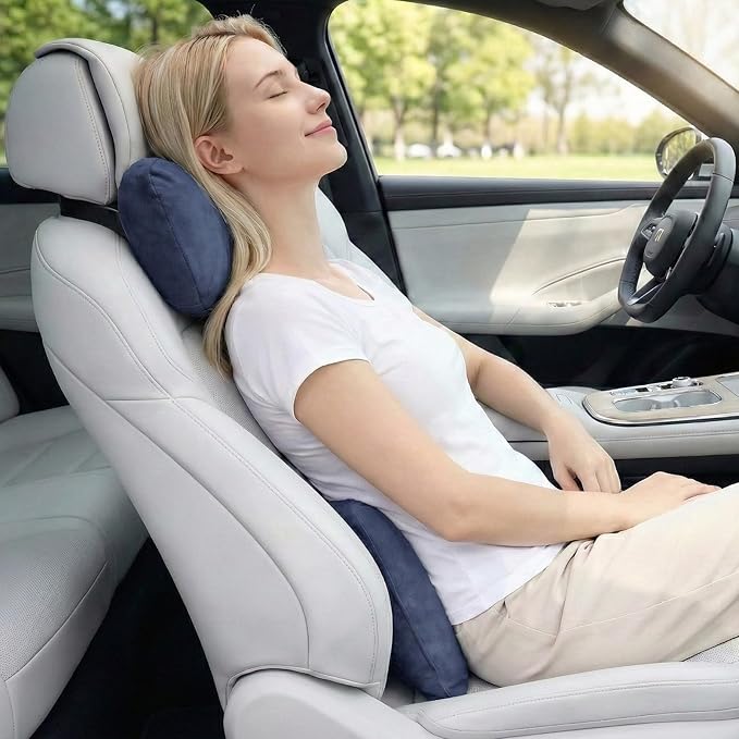 2PCS Welbrit Car Pillow for Car Neck Pillow for Driving Seat Lumbar Support Soft Cushion with Extra Filling Accessories Back Support for Travel Nap and Trips Sleeping(Blue, Head and Lumbar)