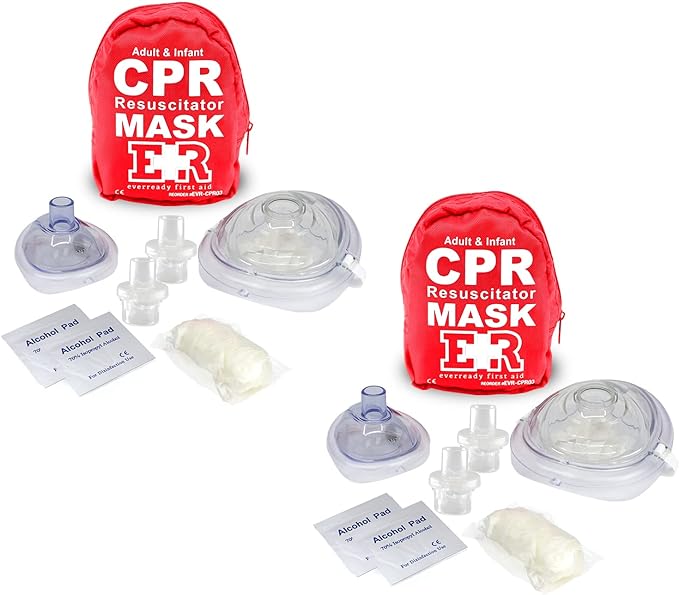 Ever Ready First Aid Adult and Infant CPR Mask Combo Kit with 2 Valves with Pair of Vinyl Gloves & 2 Alcohol Prep Pads - Red (2)