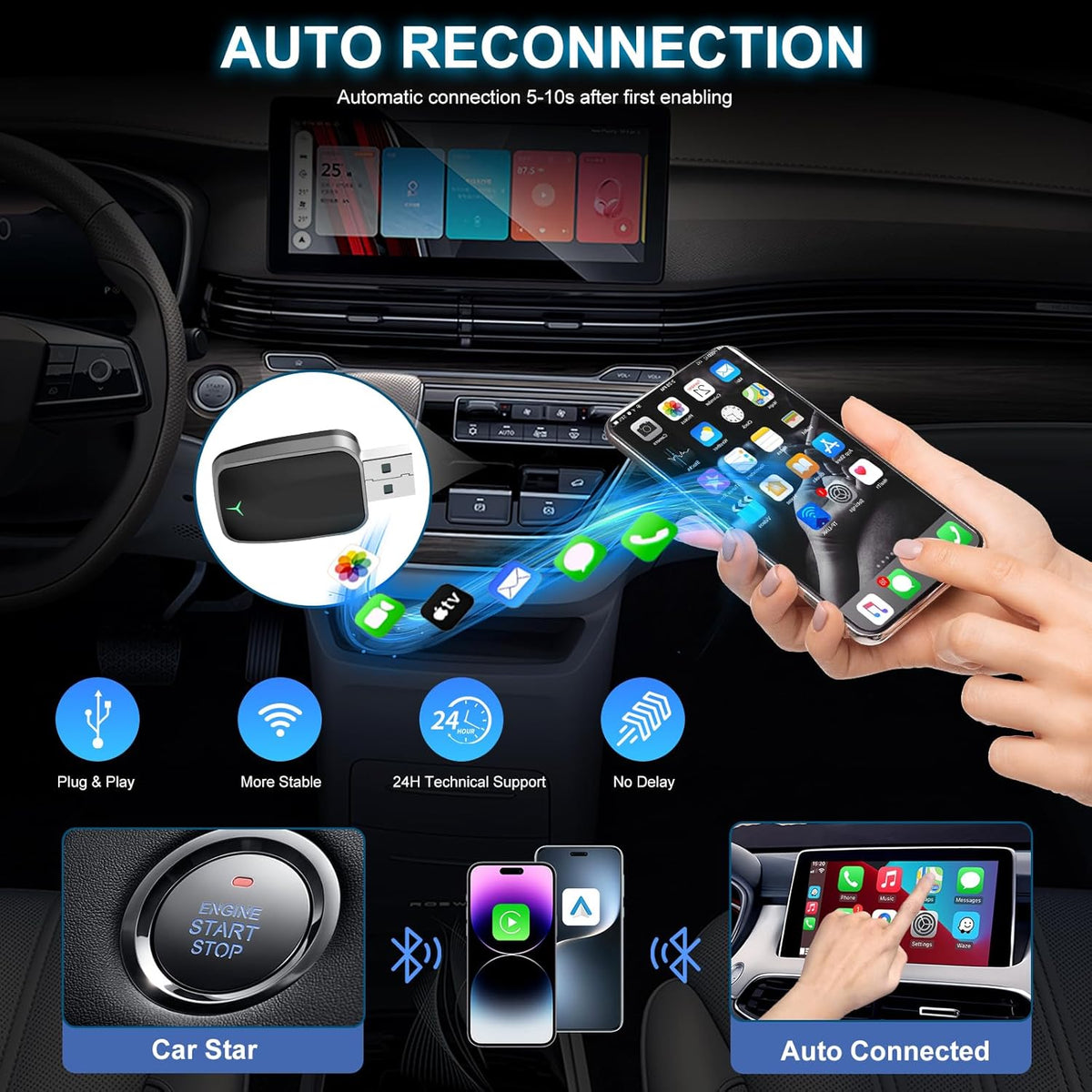 Mini Wireless CarPlay & Android Auto Adapter – Plug & Play Dongle, Convert Wired to Wireless, USB-A/C, Compatible with 2016+ Cars & iPhone iOS 10+/Android Devices