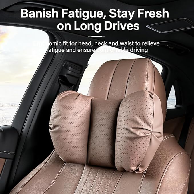 Car Neck Pillow & Lumbar Support for Nissan Altima Maxima Pathfinder Armada Rogue Sentra Versa Kicks Murano Leaf Ergonomic Breathable Mesh Auto Seat Back Cushion Headrest,Brown-Neck Pillow