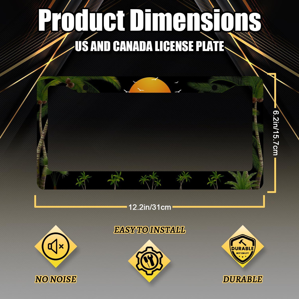 Palm Trees Sunset License Plate Frame Tropical Plants License Plate Holder Stainless Steel Front and Rear Car Tags Auto Parts Colorful License Plate Men Women Decoration with Screws 12.2" x6.2"