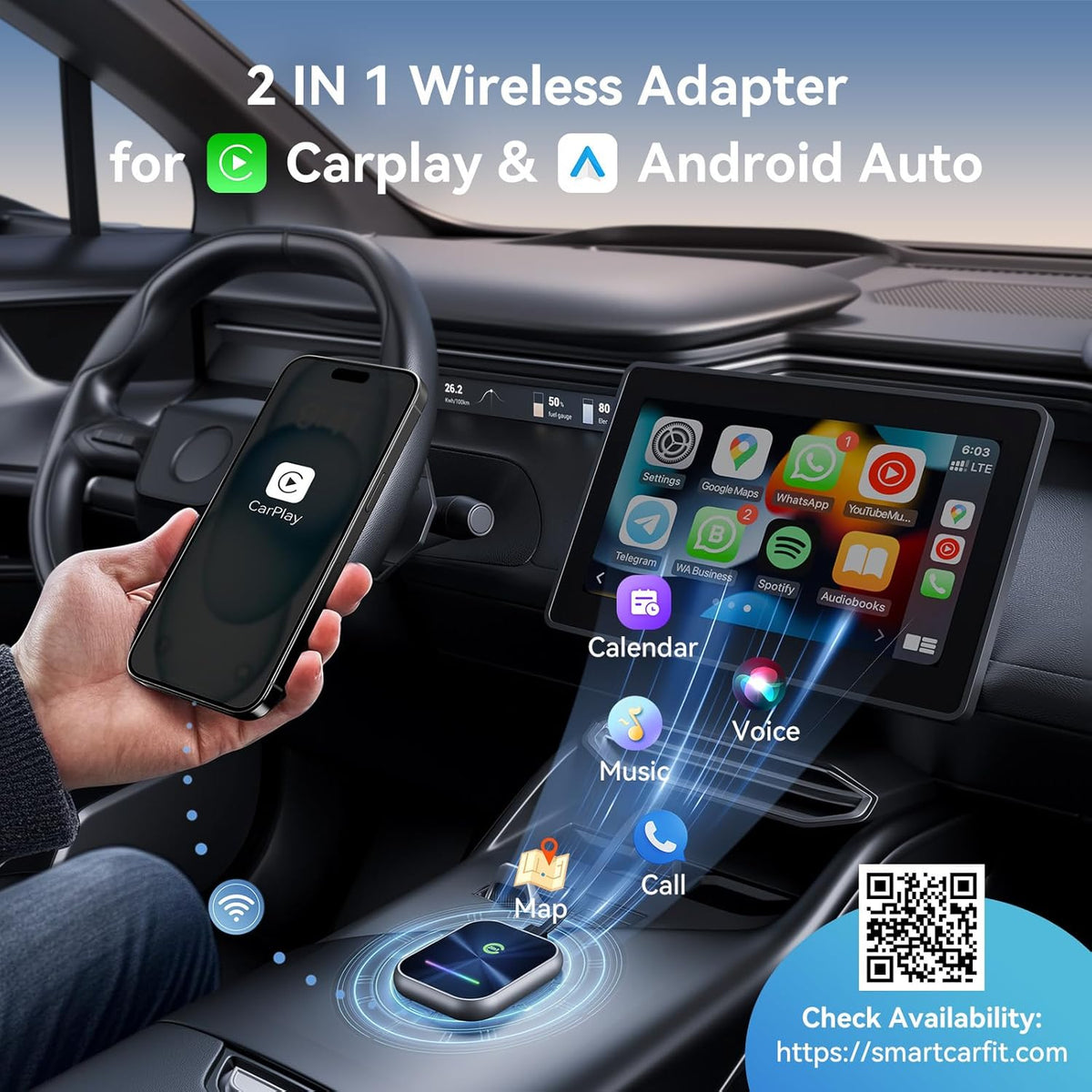 Wireless CarPlay Adapter for iPhone, 2 in 1 Wireless CarPlay and Android Auto Adapter Converts Factory Wired to Wireless, Plug and Play Car Play Adapter with Stable Control and No Delay