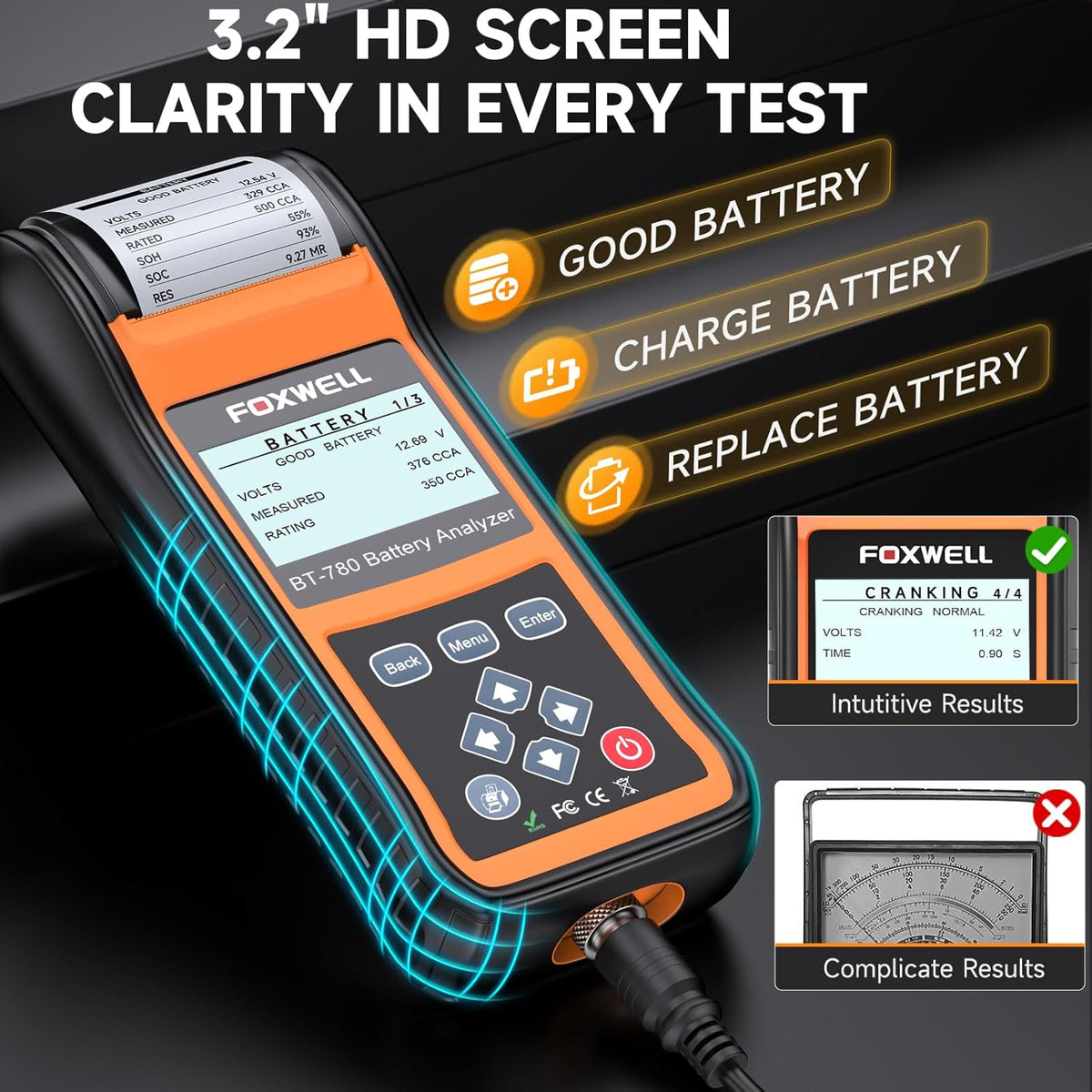 FOXWELL BT780 Car Battery Tester, 12V 24V Battery Load Tester with Printer 100-2000CCA Digital Automotive Cranking Charging System Analyzer for Car Motocycle Heavy Duty Truck Marine SUV Boat