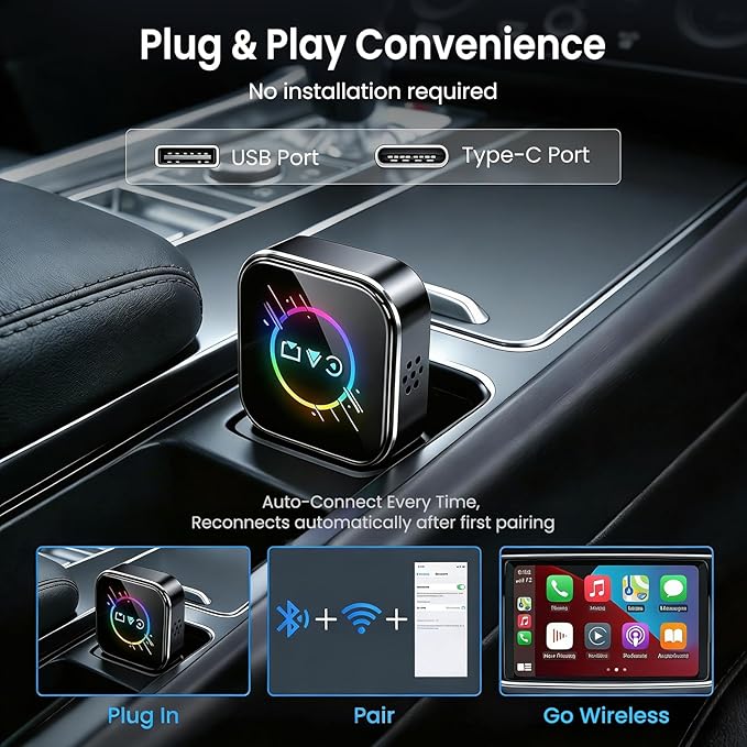 ELECROW Wireless CarPlay Adapter for iPhone＆Android - 3 in 1 Dual Band WiFi 2.4G/5G & Bluetooth 5.3 Airplay Mirror Link CarPlay Dongle with USB-A/Type-C Port, Plug & Play, OTA Update