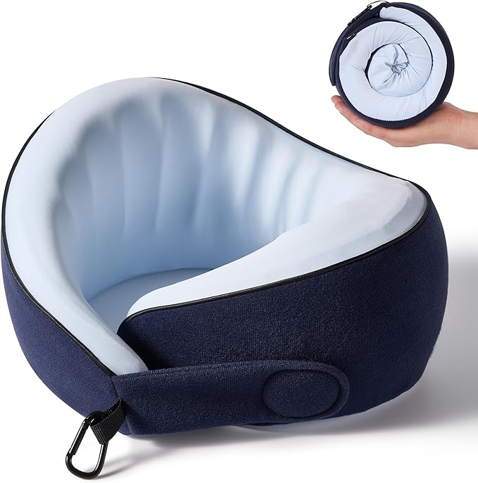 Travel Pillow, 100% Pure Memory Foam Travel Neck Pillow Airplane Neck Support Ergonomic Design for Traveling Suitable for Airplanes,Offices and Cars-Cooling Silk Blue