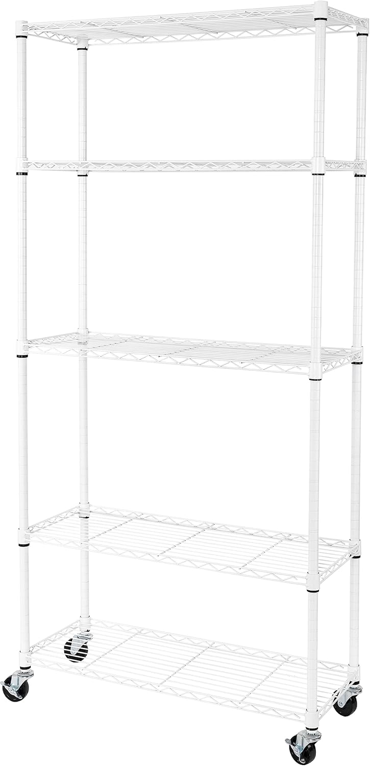 Seville Classics UltraDurable Heavy Duty NSF Solid Steel Wire Rack Storage Unit, Organizer for Garage, Warehouse, Office, Restaurant, Classroom, Kitchen, White, 5-Tier Shelving, 36" W x 14" D