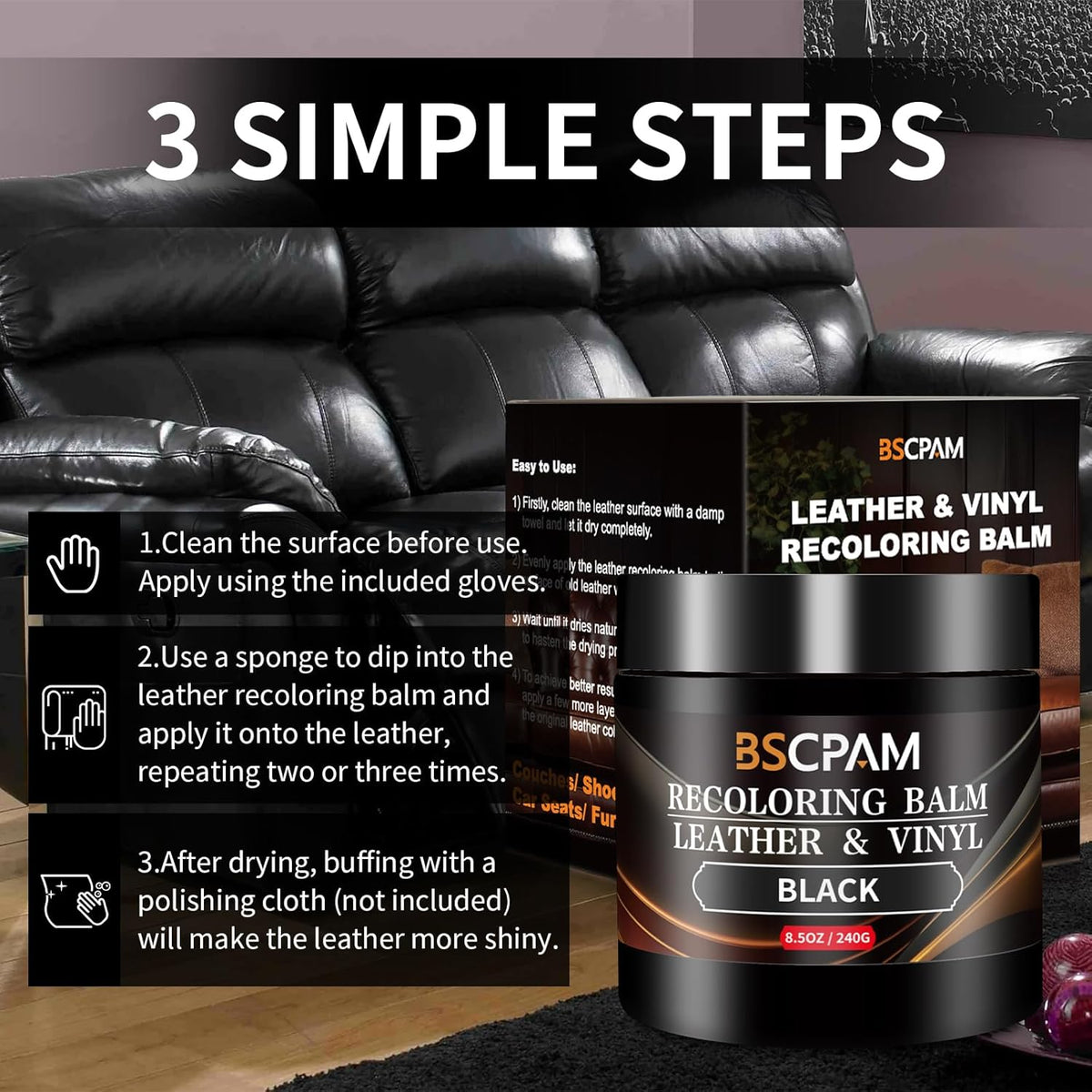 Black Leather Recoloring Balm,Leather Couch Scratch/Stain Remover,Leather Repair kit for Vinyl Furniture and Car Interior,Leather Dye Paint for Scratched and Faded Leather Couches