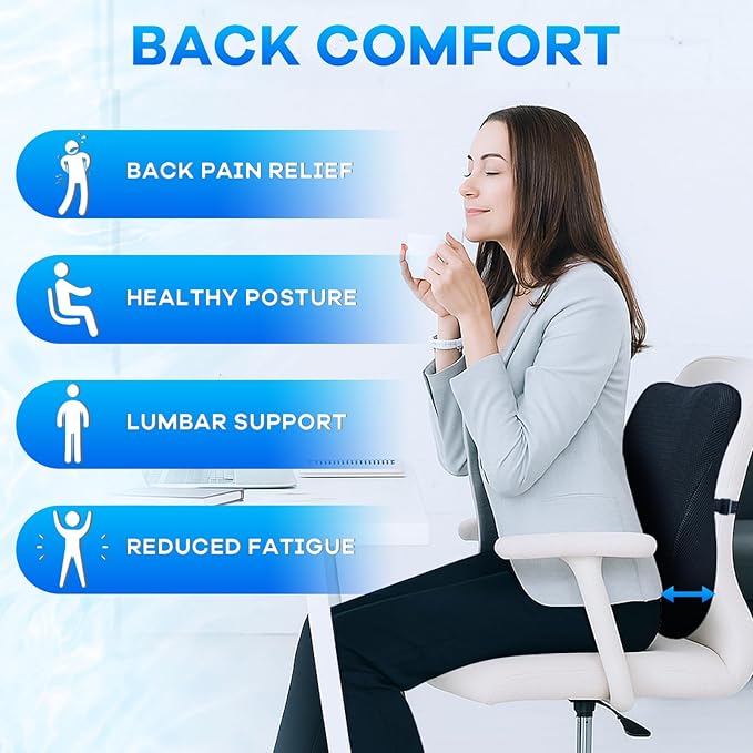 Gel Seat Cushion & Lumbar Support Pillow Set, Cooling Memory Foam for Tailbone & Sciatica Pain Relief, Ergonomic Office Chair Cushion with Breathable Mesh Cover for Car, Home, Wheelchair (Black)