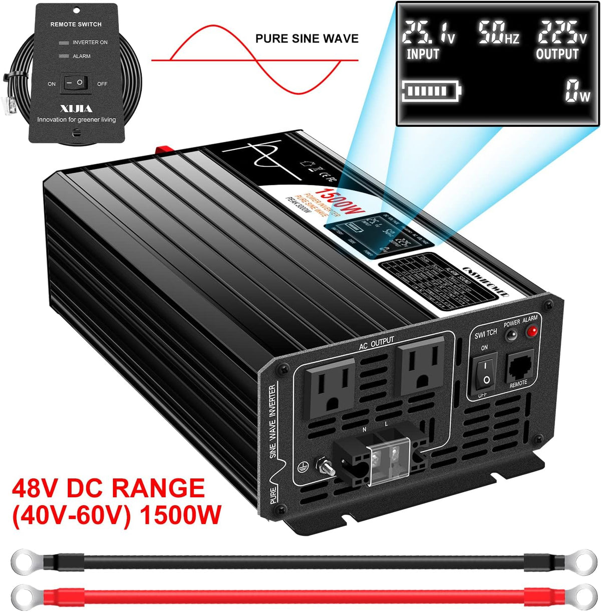 Xijia 1500W(Peak Power 3000W) 48v to 120v Pure sine Wave 60HZ Solar Inverter for Home Use car (DC48V (Range 40V-60V) 1500W)