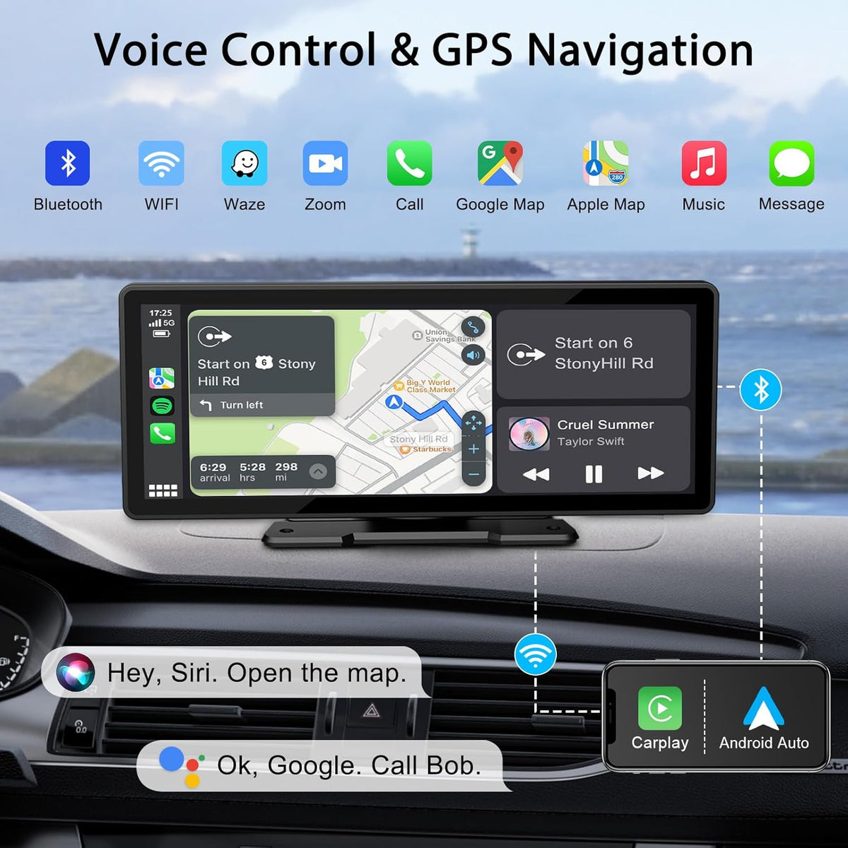 10.26" Wireless CarPlay Screen for Car,Wireless Apple CarPlay & Android Auto,Portable Car Stereo with GPS Navigation,Backup Camera,Bluetooth,Mirror Link,Drive Play,Touch Screen for All Vehicles
