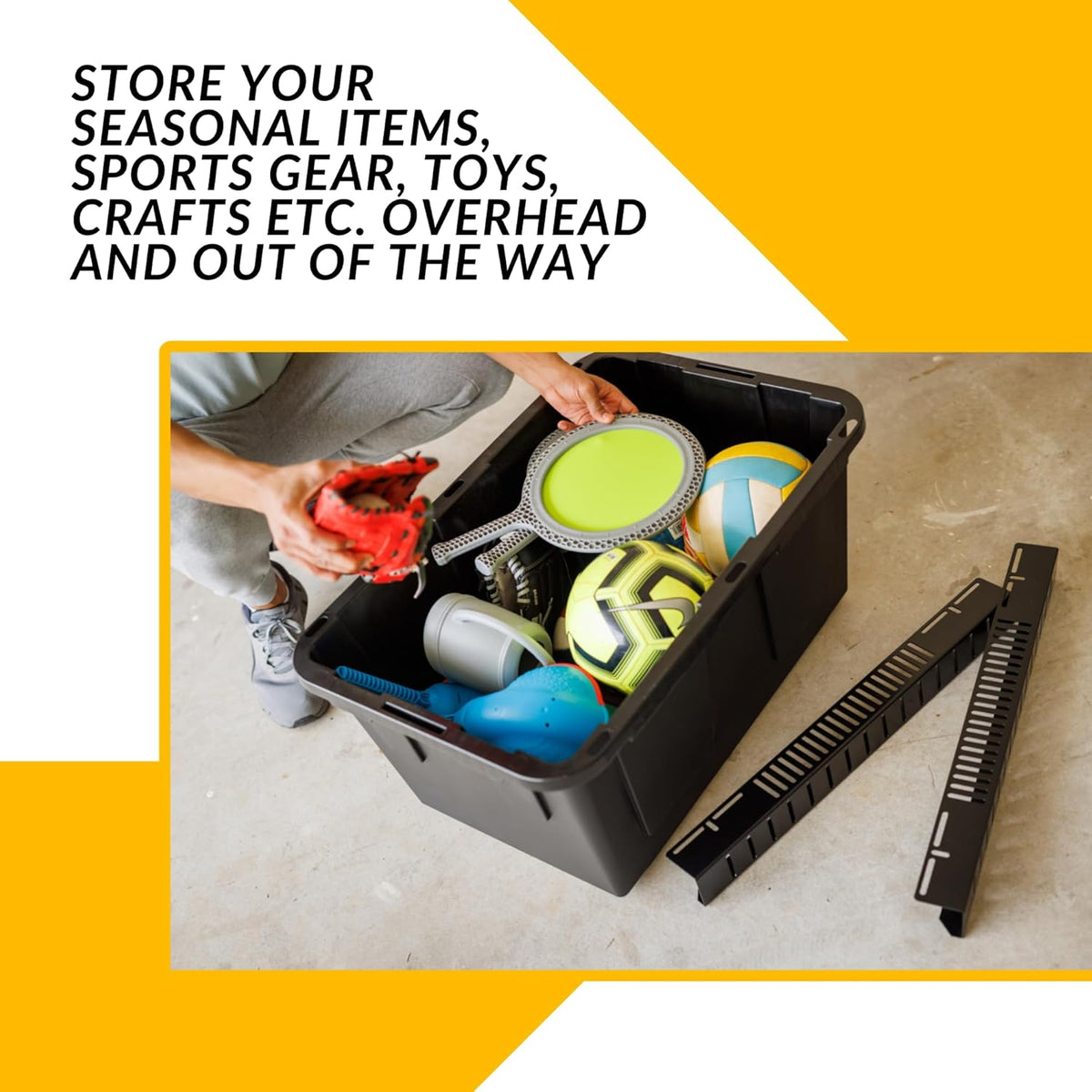 Overhead Bin Rack - Ceiling Mount Overhead Garage Storage Rack | Adjustable Width and Orientation | Heavy Duty Ceiling Bin Storage Rails | Fits Black & Yellow Storage Bins | USA Designed (4 Bins)
