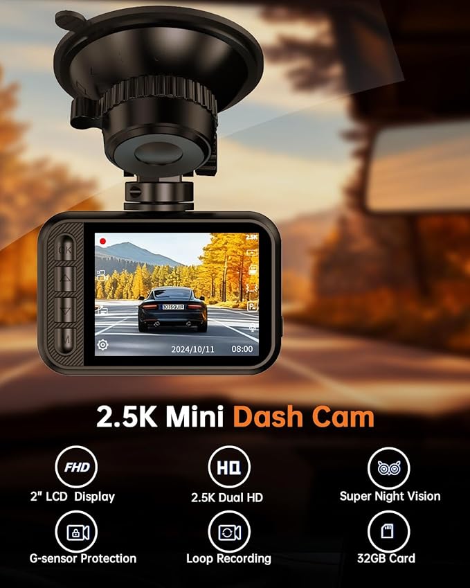 Dual Dash Cam Front and Rear — 2.5K HDR Night Vision Car Camera with G-Sensor & 24H Parking Monitor, Compact Plug & Play Dash Cam with Super Capacitor, 32GB Card Included, Supports 256GB Max