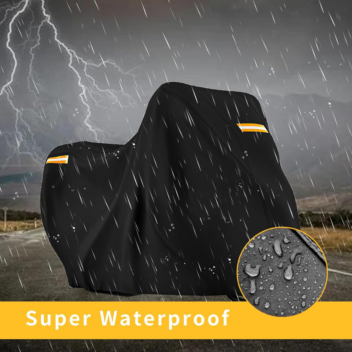 210D Motorcycle Cover All Season Waterproof Breathable Sun Outdoor Protection Three Reflective Tape with Lock-Holes & Storage Bag Bike Scooter Cover Universal (Black, 104''*41''*50'')