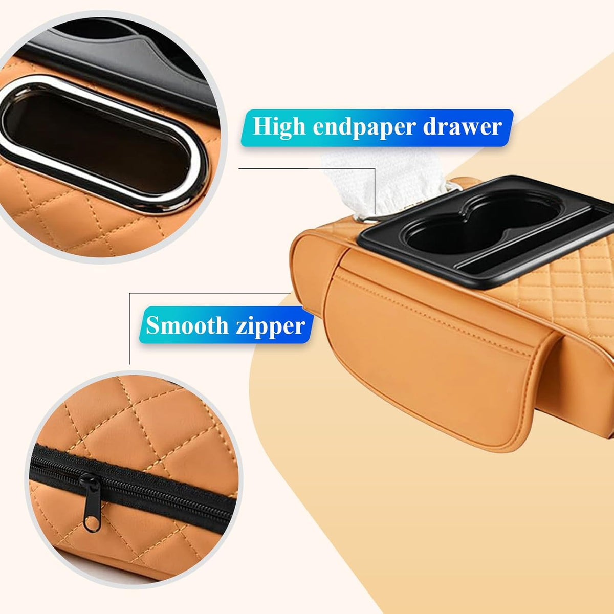 Car arm Rest Cover Pad, 5-in-1 Center Console Cover with Cup Holder, Tissue Box Slot, Mobile Phone Storage Slot, Suitable for Most Car Console Organizer, 13.8''x7.1''x3.0'', (Orange)