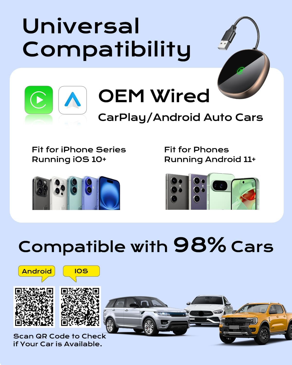 Wireless Carplay Adapter for iPhone & Android Auto 2-in-1, Stable, Plug & Play Low Delay Carplay Wireless Adapter Convert Wired to Wireless Apple Car Play Dongle for iOS 10+/Android 11+(Titanium)