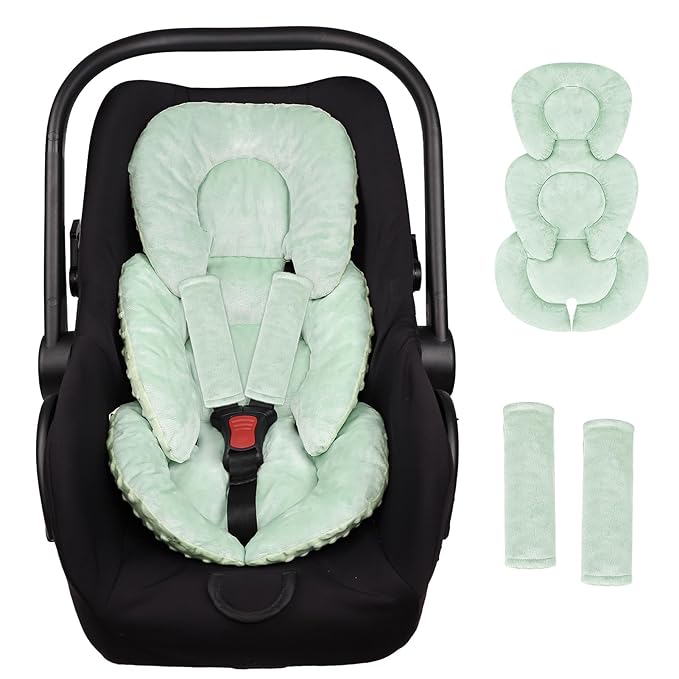 GFU Infant Car Seat Insert Head and Body Support, Reversible Newborn Insert for Carseat with Strap Pads, Soft Stroller Cushion Pillow Insert for Boys and Girls, Fits for Stroller, Swing, Green
