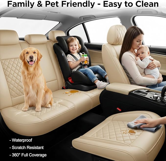 Fit for Accent Seat Covers Compatible with Hyundai Accent 2017-2026 - Waterproof Breathable Leather Automotive Seat Cushions Protector,Airbag Compatible,Full Set 5 Seats(Beige)