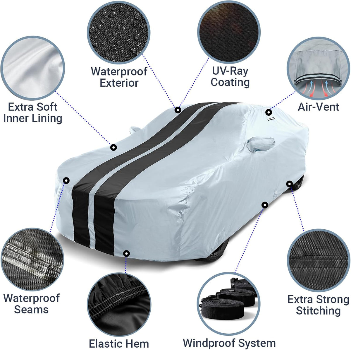iCarCover Custom Car Cover for Chevy Aveo Sedan (2004-2022) Waterproof All Weather Rain Snow UV Sun Protector Full Exterior Indoor Outdoor Car Cover (Stripe - Gray/Black)
