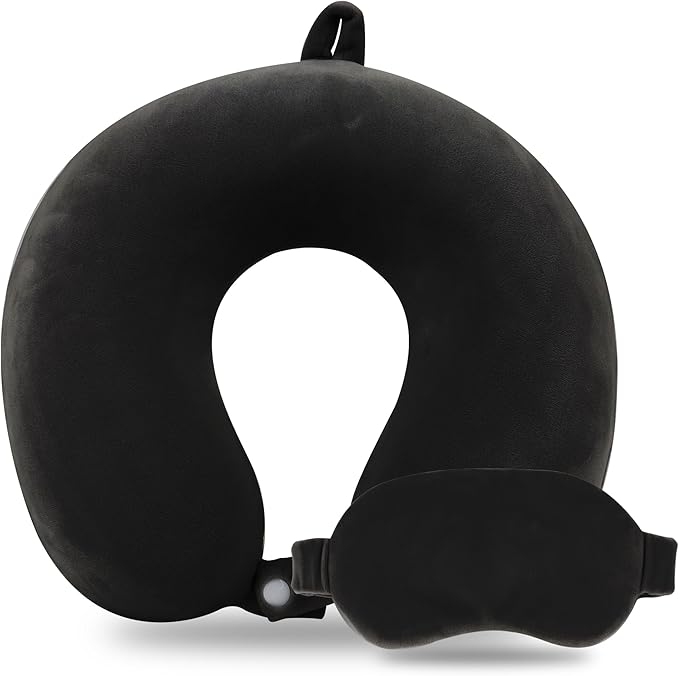 Sexysamba Pure Memory Foam Travel Pillow Set for Adults - Comfortable & Removable Machine Washable Cover, Neck Support Pillow Airplane Travel Kit with Eye Mask for Portable Plane Accessories - Black
