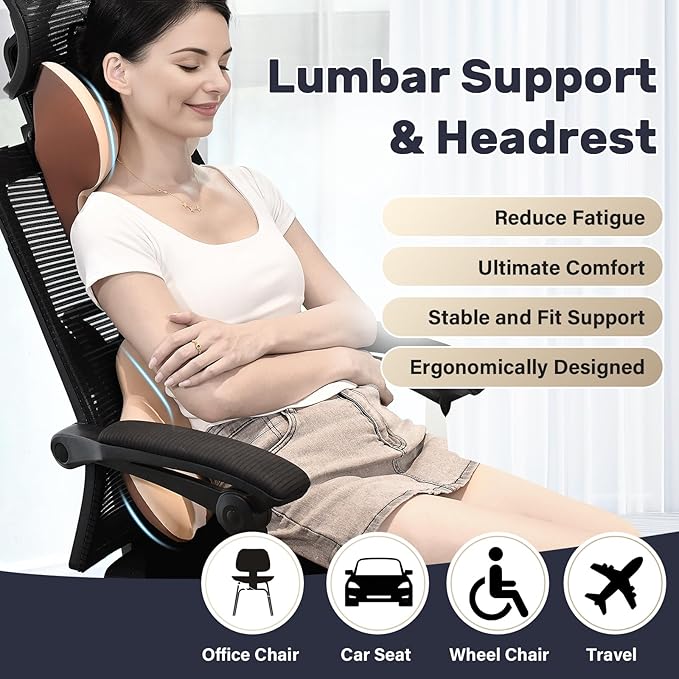 Coverado Lumbar Support and Headrest Pillow for Car, Memory Foam Ergonomic Head Neck Support Pillow for Driving Seat, Back Support and Pain Relief, Seat Cushion for Car, Driver, Office