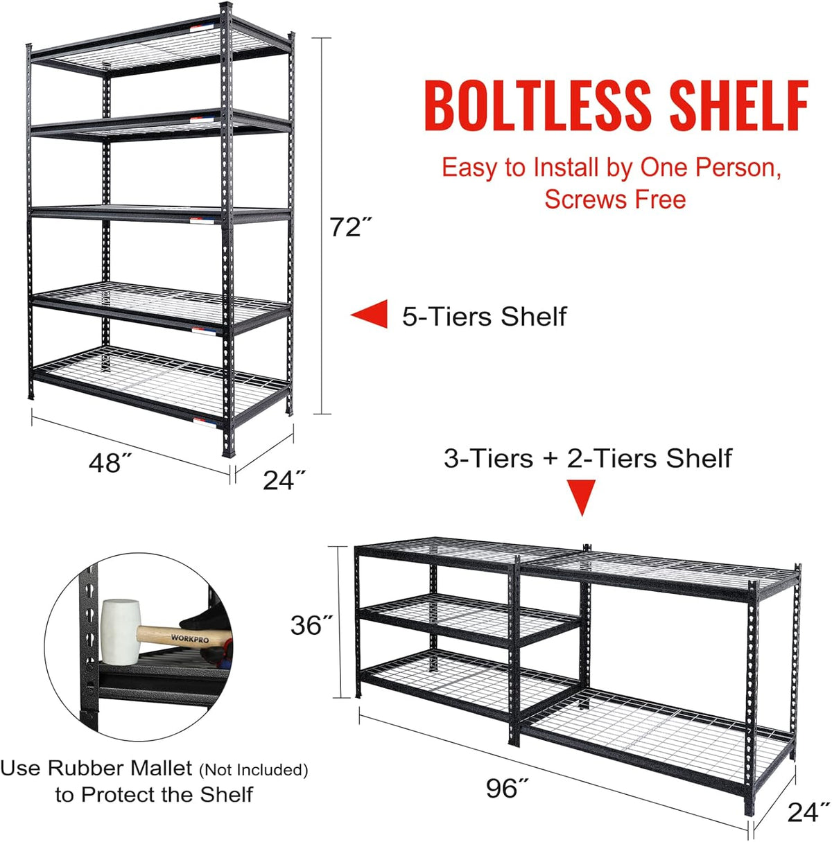 WORKPRO 5-Tier Metal Storage Shelving Unit, 48”W x 24”D x 72”H, Adjustable Storage Rack Heavy Duty Shelf, 4000 lbs Load Capacity (Total), for Garage, Kitchen, Bathroom, Warehouse, Black/Sliver, 10 PCS