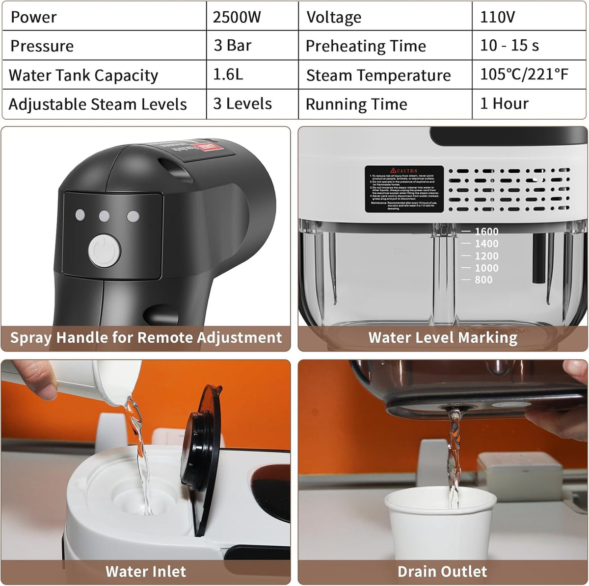 Handheld Steam Cleaner for Home, 2500W High Temperature Pressurized Machine, 1.6L Water Tank, Handle-controlled Steam Output, Portable Cleaning Steamer for Car, Bed Bugs, Furniture, Grout (White)