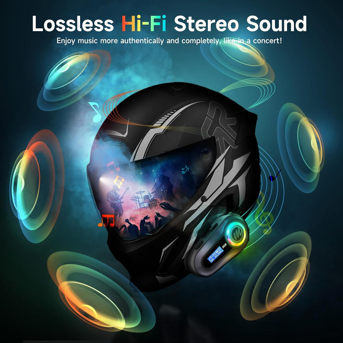 Moman Motorcycle Helmet Headset, H4M with 【LCD Screen & 6 EQ Sound】 Motorbike Helmet Speaker Single Person Use BT5.3 Headphone with HiFi Stereo FM Radio AI Voice Assitant IPX6 Waterproof