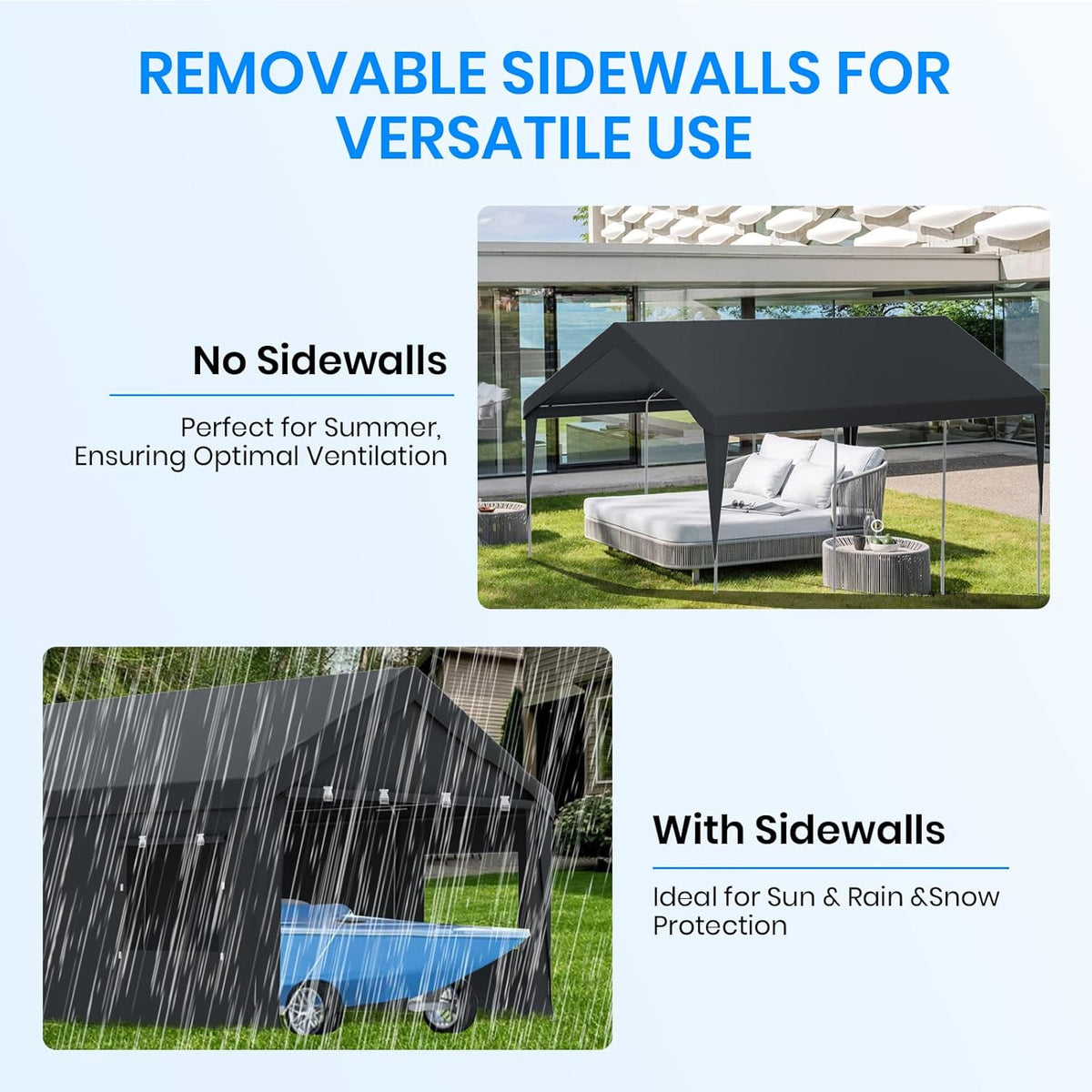 Carport 12x20 FT Heavy Duty,Outdoor Portable Garage with Removable Sidewalls & Doors, Waterproof, UV-Resistant Canopy Shelter for Vehicles, Boats, RVs, Trucks, All-Season Car Port, Gray