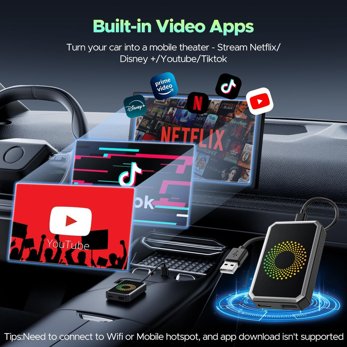 LAMTTO 3-in-1 Magic AI Box Video Player for Streaming Netflix/YouTube/TikTok on Car Screen Wireless Carplay Adapter Dongle with USB Drive for OEM Wired Apple Car Play Cars
