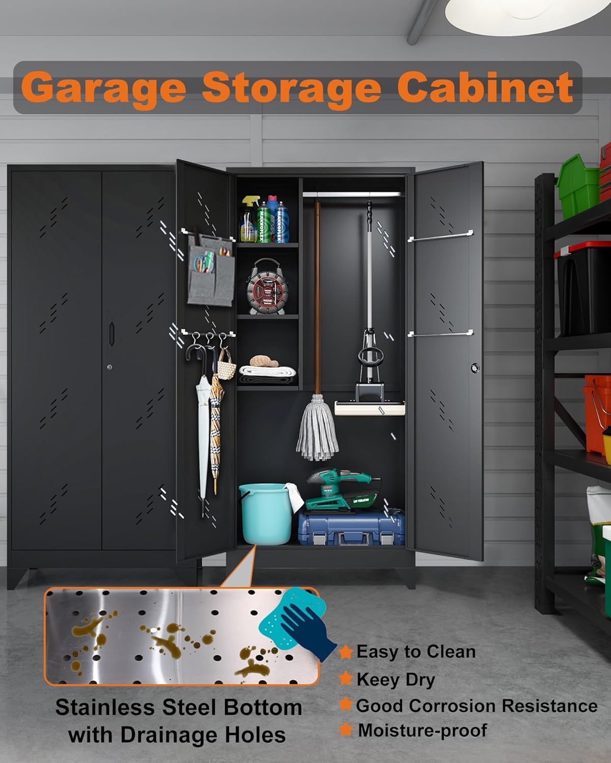 75" Metal Storage Cabinet with Lockable Doors, Functional Garage Storage Cabinet, Tool Chset Garage Organization with Hanging Rod & S-Hooks