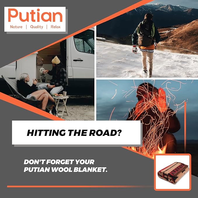 PuTian Merino Wool Blanket - Warm, Thick, Washable, 87" x 63" Large Throw for Outdoors, Camping,Couch, Bed, Travel - Super Soft Wool Blanket (Striped Fire Light Tan)