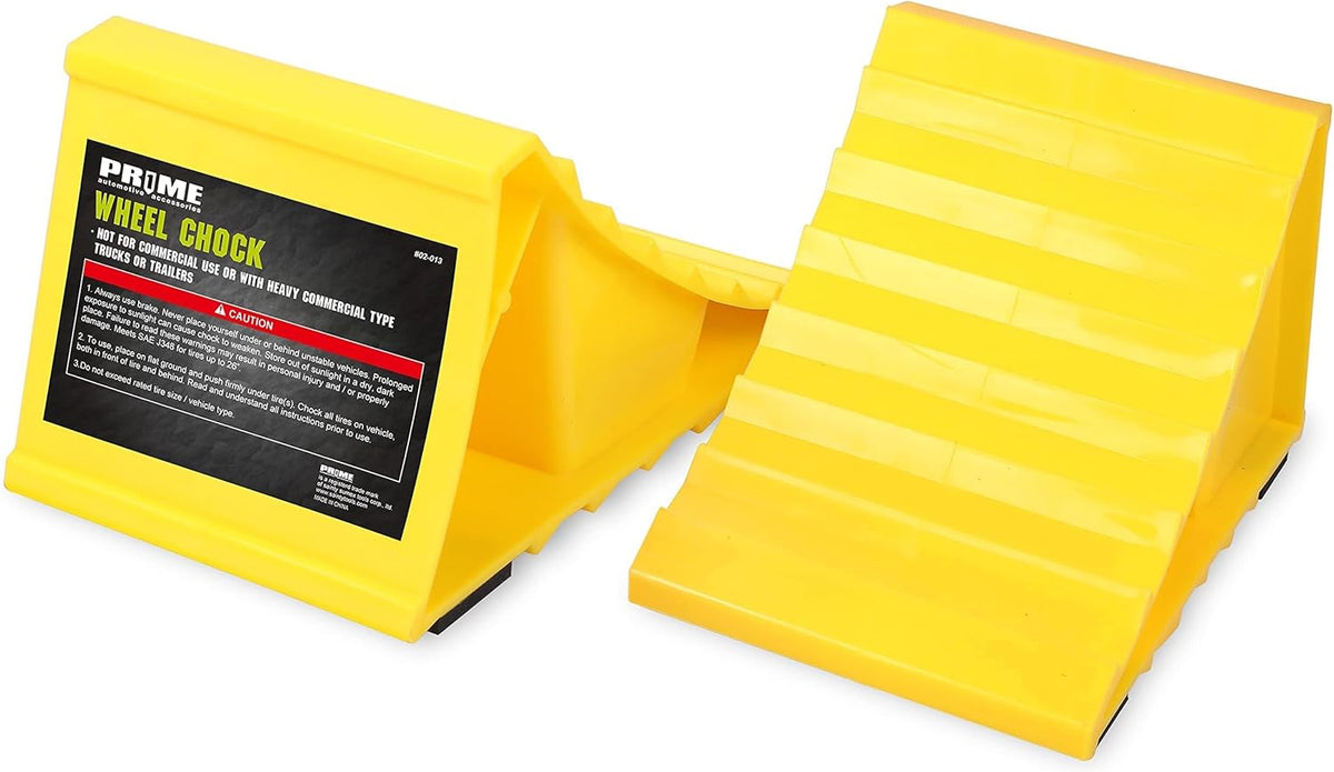 PR1ME Wheel Chocks with Non-Slip Base for RV & Trailer. 2 Pack Heavy Duty Wheel Chock with Bright Yellow. Lightweight Wheel Stoppers for Cars Camper Trucks RVs, Fit for Most Tyre Sizes