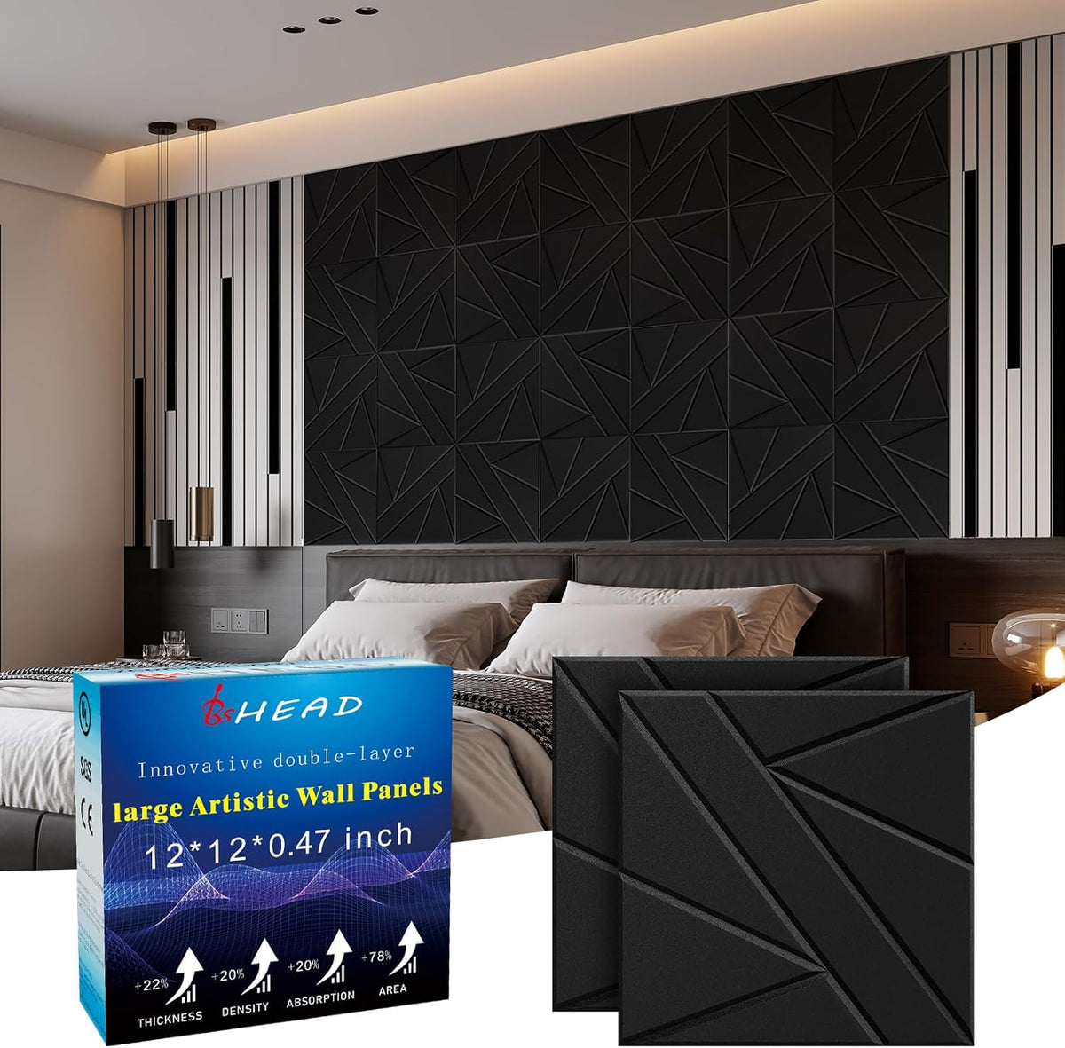 16 Pack Self-Adhesive Soundproof Wall Panels, 12 x 12 x 0.47 In Sound Proof Foam Panels for Walls, 1.2lb/ft³ High Density, Thicker 0.47in, Acoustic Panels, Noise Dampening Panels Studio Black
