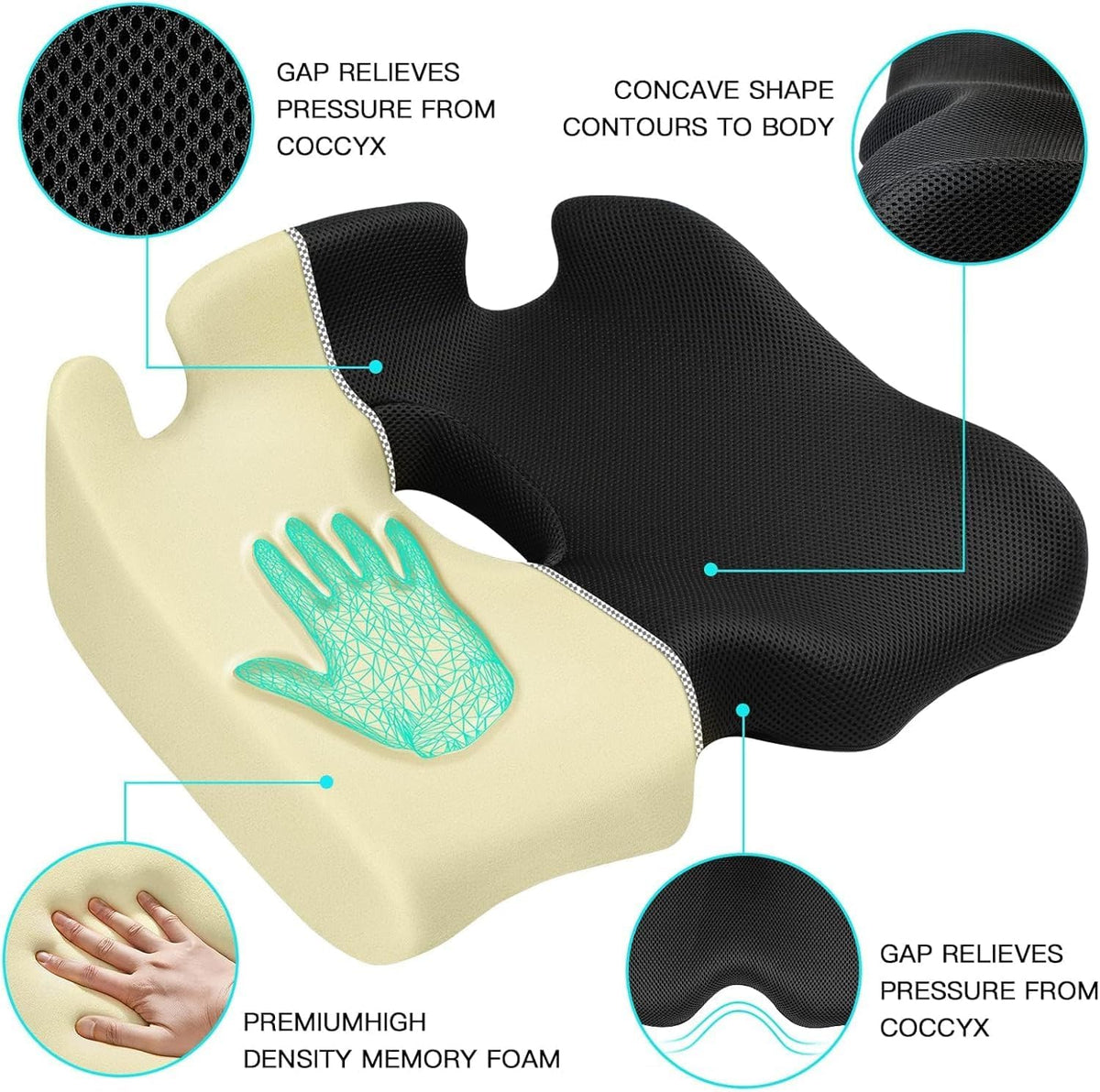 Benazcap X Large Memory Seat Cushion for Office Chair Pressure Relief Sciatica & Tailbone Pain Relief Memory Foam Firm Coccyx Pad for Long Sitting, for Office Chair, Gaming Chair and Car Seat Upgrade