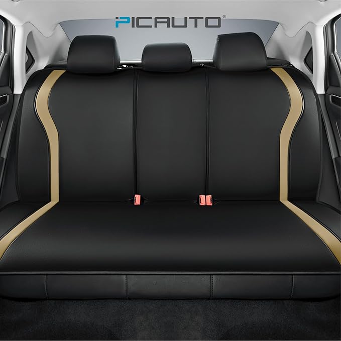 PIC AUTO Leather Car Seat Covers, Premium Automotive Waterproof Front & Rear Full Set Bucket Car Seat Protectors, Black and Beige PVC Patchwork, Fits for Cars, Trucks, Van, SUV, Airbag Compatible