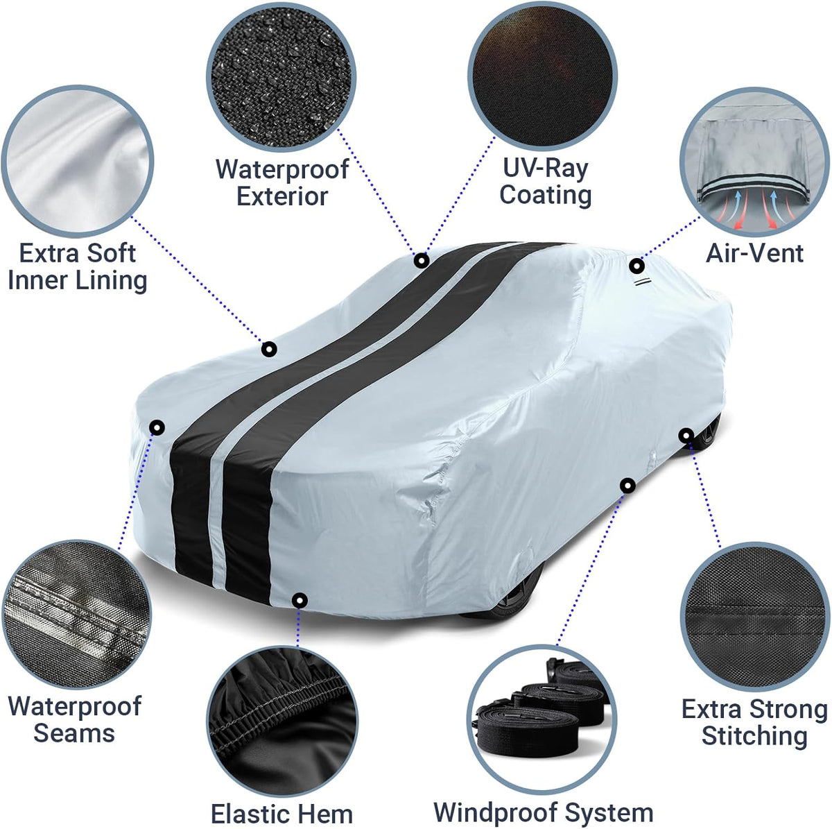 iCarCover Custom Car Cover for Chevy Bel Air Wagon (1971-1975) Waterproof All Weather Rain Snow UV Sun Protector Full Exterior Indoor Outdoor Car Cover (Stripe - Gray/Black)