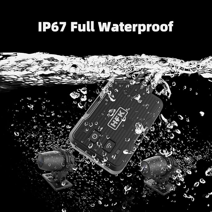 HFK HM201 Motorcycle Dash Cam, 1080P +1080P Motorcycle Camera Front and Rear, Stealth Design, IP67 Waterproof, 5G WiFi, Loop Recording, G-Sensor, Built in eMMC 64GB Storage, Support 512GB Max