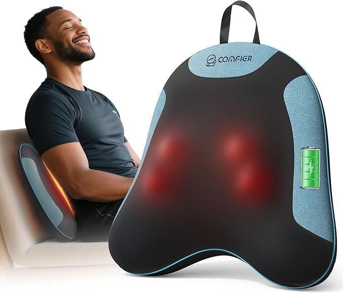 COMFIER Cordless Back Support Pillow for Office Chair, Lower Back Massager with Heat, Shiatsu Back Support Cushion, Rechargeable & Portable for Office, Home Use, Gift for Women
