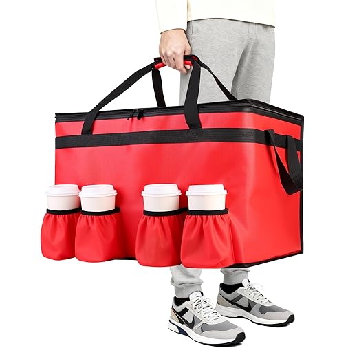 CIVJET Insulated Food Delivery Bag with 4 Cup Holders, XXX-Large Insulated Grocery Bags Keep Food Hot/Cold, Cooler Bags with Drink Carrier, Food Carrier Catering Bag, Commercial Food Warmers, Red