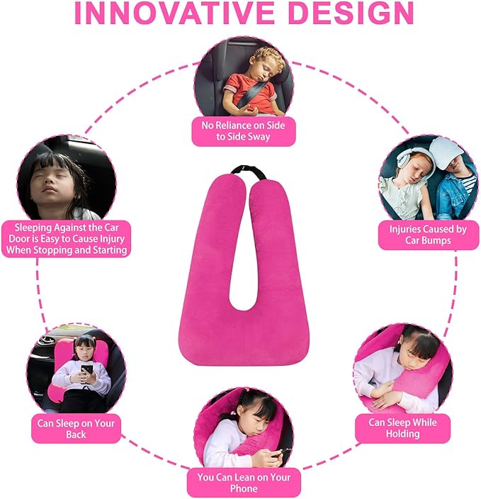 Travel Pillow, Travel Pillow for Kids, Sleeper Hold Pillow Travel, Removable U-Shaped Pillow for Adults and Children to Support Head and Body in The Back Seat of Long Car Trips (Rose Purple)