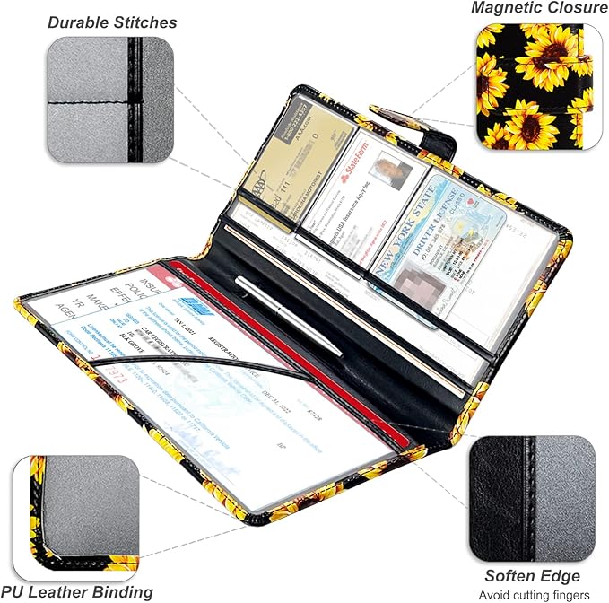 RSAquar Car Registration & Insurance Holder - Leather Glove Box Organizer, Cool Accessories for ID, Driver's License Cards & Essential Documents, Men & Women, Sunflower