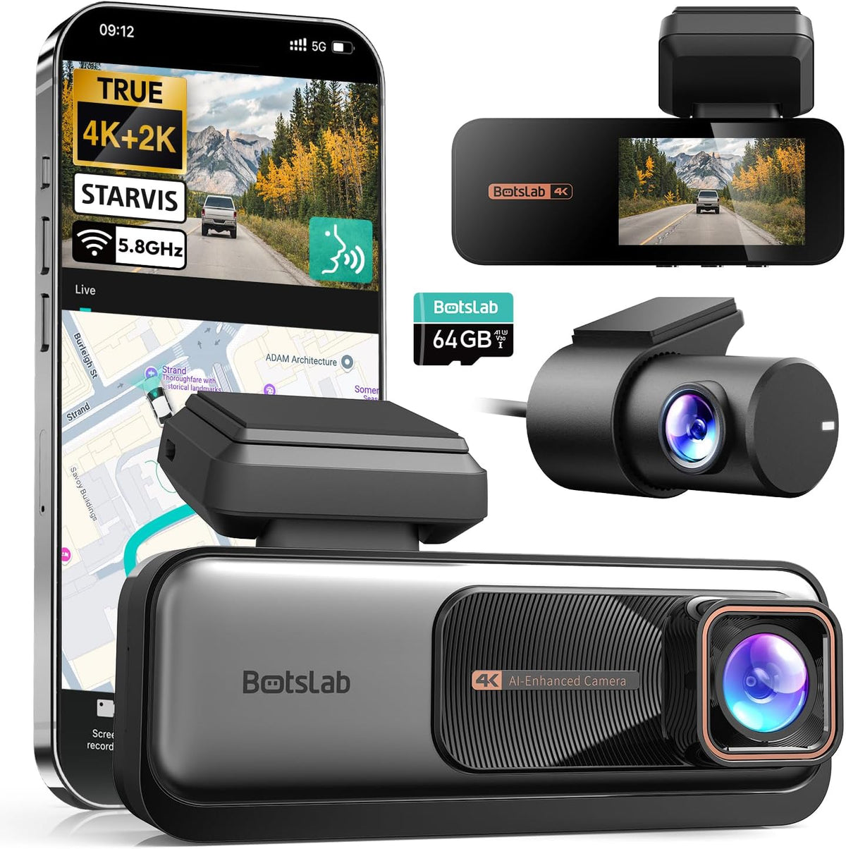 4K+2K Dual Dash Cam Front and Rear, Dashcam with Voice Control, STARVIS, ADAS Driver Alerts, Starry Night Vision, 24/7 Parking Monitor, 5.8GHz WiFi & GPS, Free 64GB Card, Loop Recording
