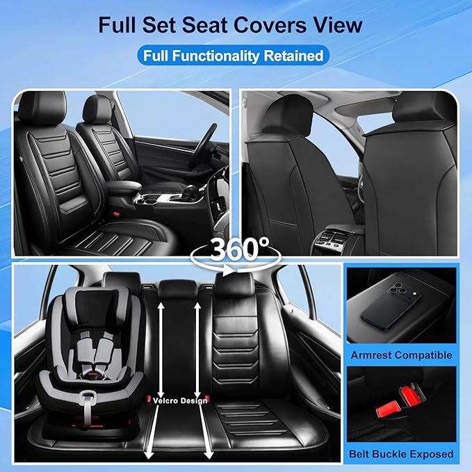 Fit Sonic Car Seat Covers for Select Chevrolet/Chevy Sonic 2012-2020 - Premium Full Coverage Leather, Airbag Compatible, Waterproof & All Weather Seat Cushion Protector, Full Set, Black
