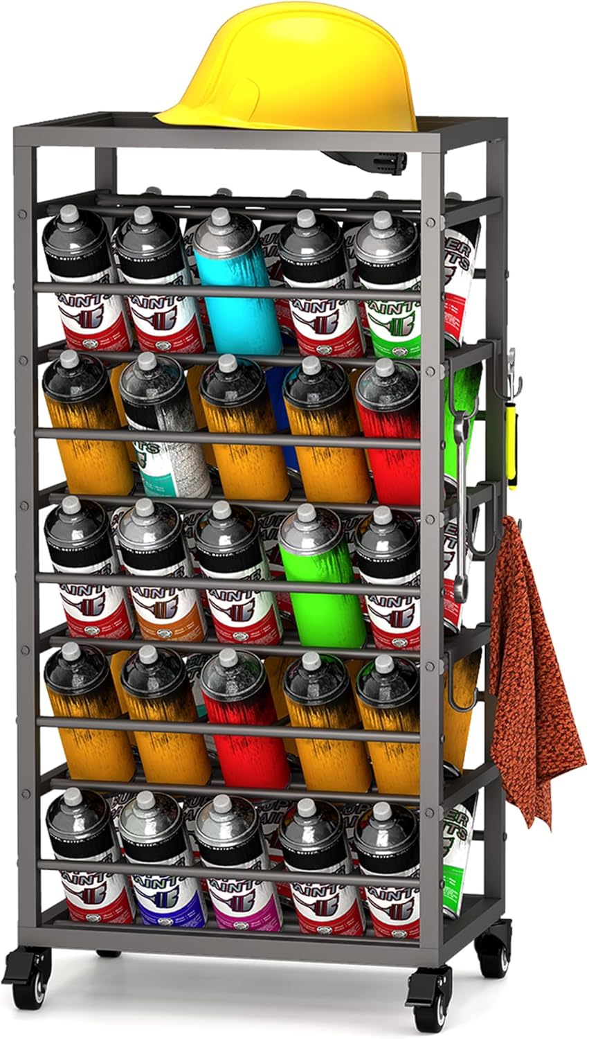 50 Can Spray Paint Rack Organizer, Metal Spray Paint Can Storage Holder, Rolling Aerosol Can Cart with Storage Shelf, for Garage, Craft Workrooms