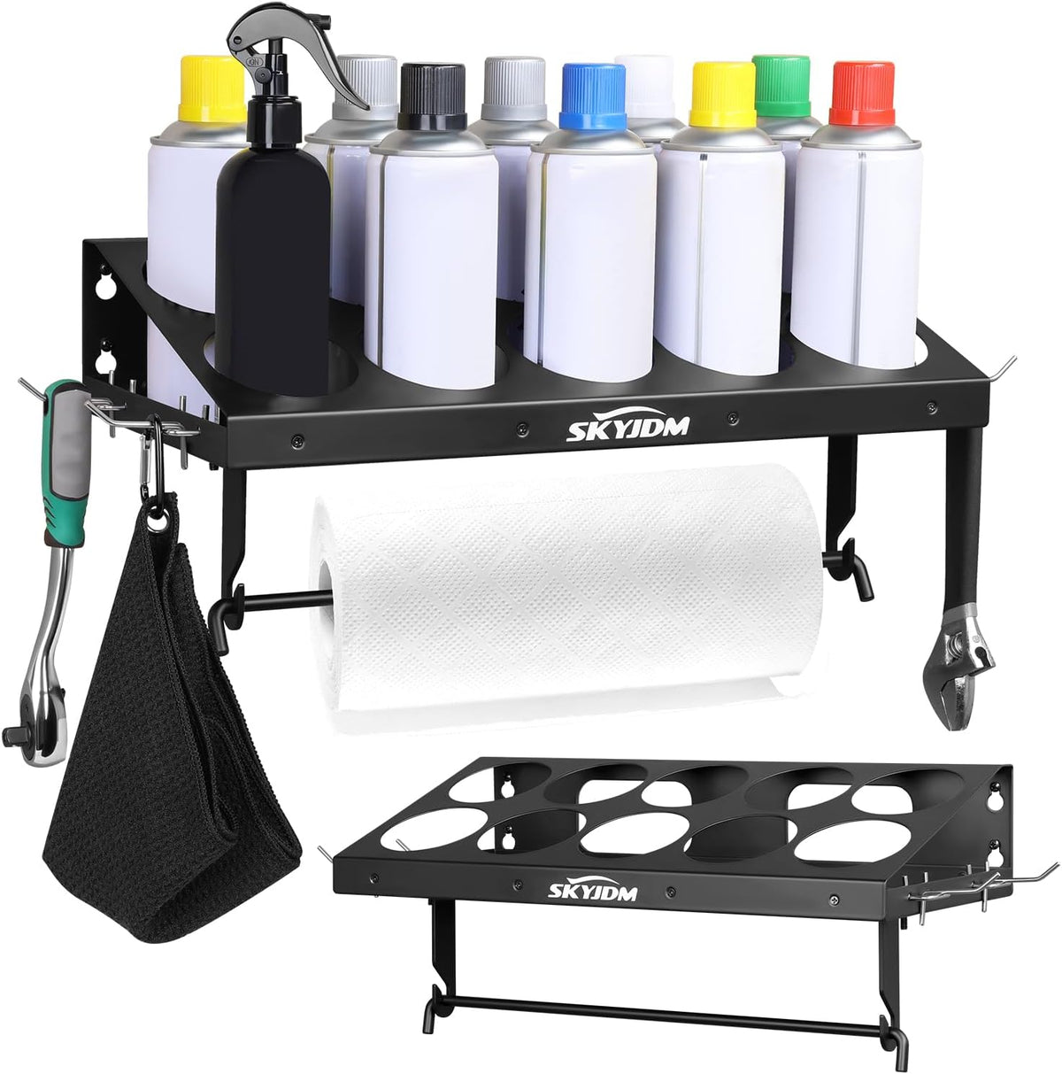 10 Aerosol Spray Can Holder with Paper Towel Holder & 4 Detachable Hooks, Space-Saving Tool Organizer Wall Mount for Garage, Workspace and Tool Room