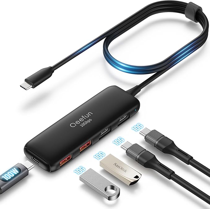 Qeefun USB C Hub 10Gbps, USB 3.2 Hub with 2 USB-C and 2 USB-A Ports, USB 3.2 Gen 2 Splitter with 100W Power Charging Port, USB Port Extender for iPhone, MacBook Air/Pro, Laptops, iPad Pro and More