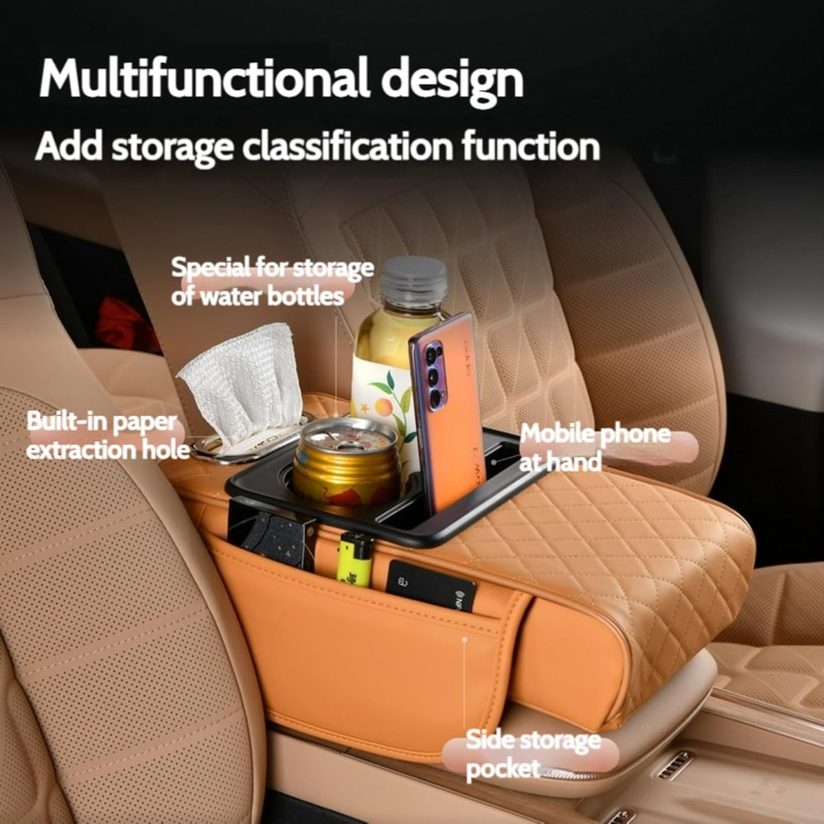 Car Center Console Cover Booster Multifunctional Car Center Console Cushion Pad with Cup Holder & Tissue Box & Side Pockets Arm Rest Cover for Car, Quilting, Black-red
