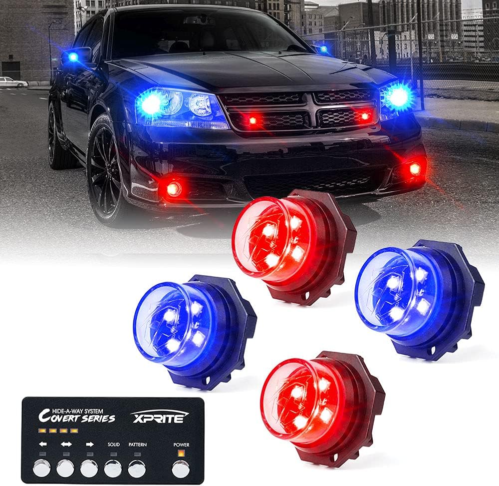 Xprite Red Blue LED Hideaway Strobe Police Lights Kit, 20 Flashing Patterns w/Control Panel for Headlights Taillights Hazard Warning Mounting, for Emergency Vehicles Volunteer Cop Cars Trucks, 4PCS