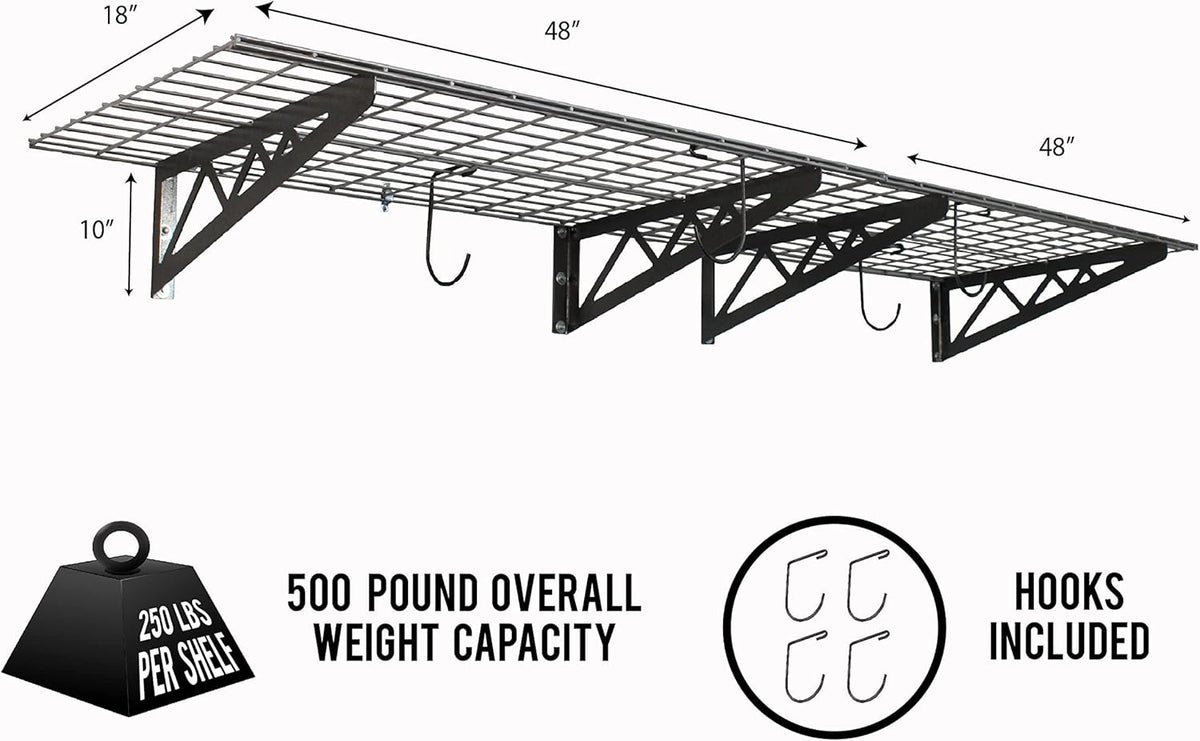 SafeRacks Wall Shelves - 2 Pack of 18 x48 Garage Wall Mounted Shelving, Wire Storage Racks, Utility Shelf, Heavy Duty Shelves with 4 Accessory Hooks, 500lbs Capacity, Color: Hammertone