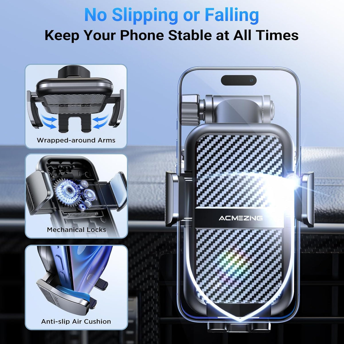 3-in-1 Car Phone Holder [122+LBS Strongest Suction & Stable Clamp Arm] 360° Adjustable Car Phone Mount, Cell Phone Holders for Your Car for Dashboard Vent, All Smartphones & Car Models (Black)